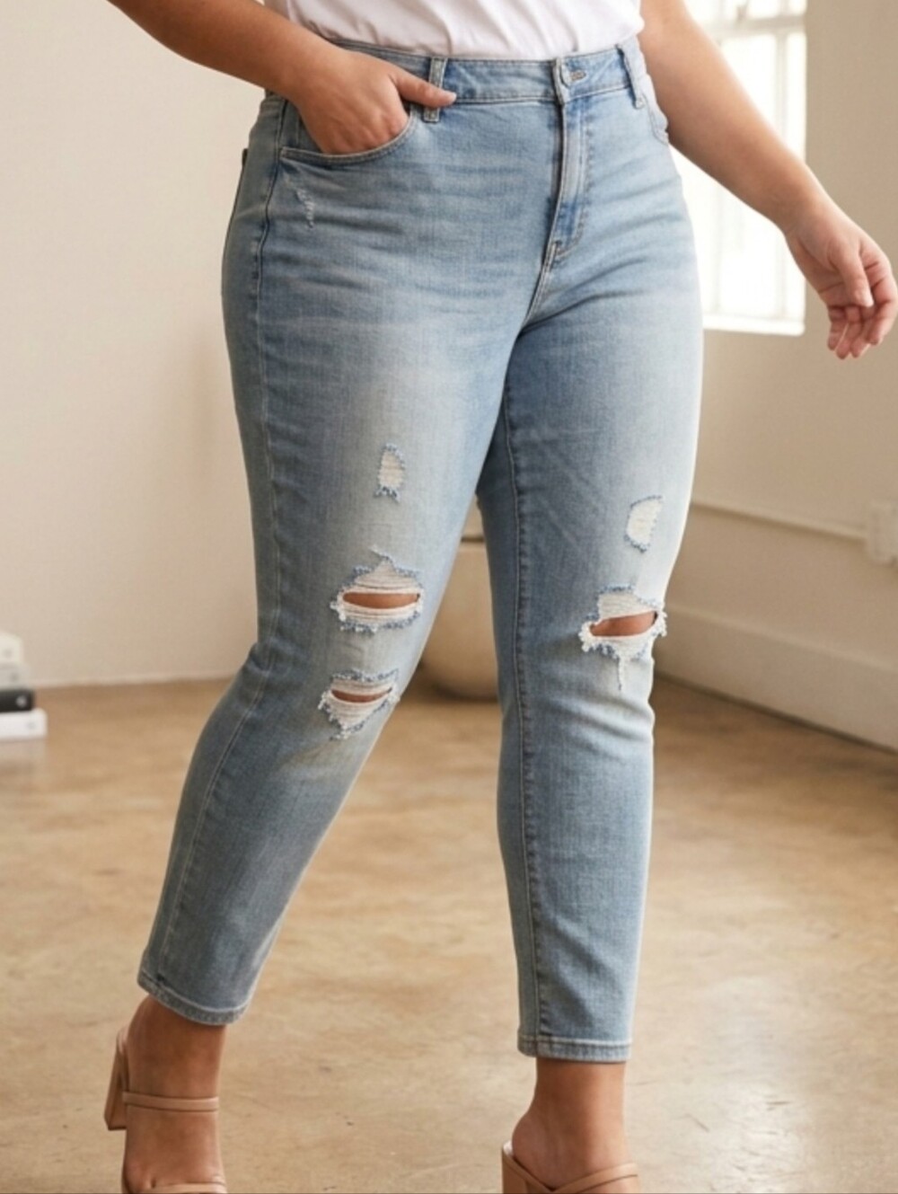 High-Rise Light Blue Distressed Ankle Jeans for Women